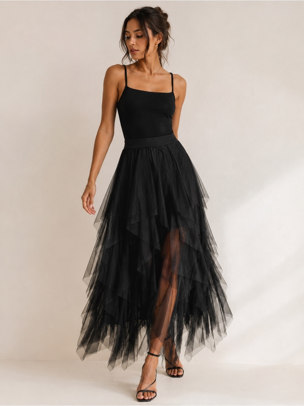 Easel Los Angeles | Black Layered Tulle Asymmetrical Maxi Skirt Balletcore Small